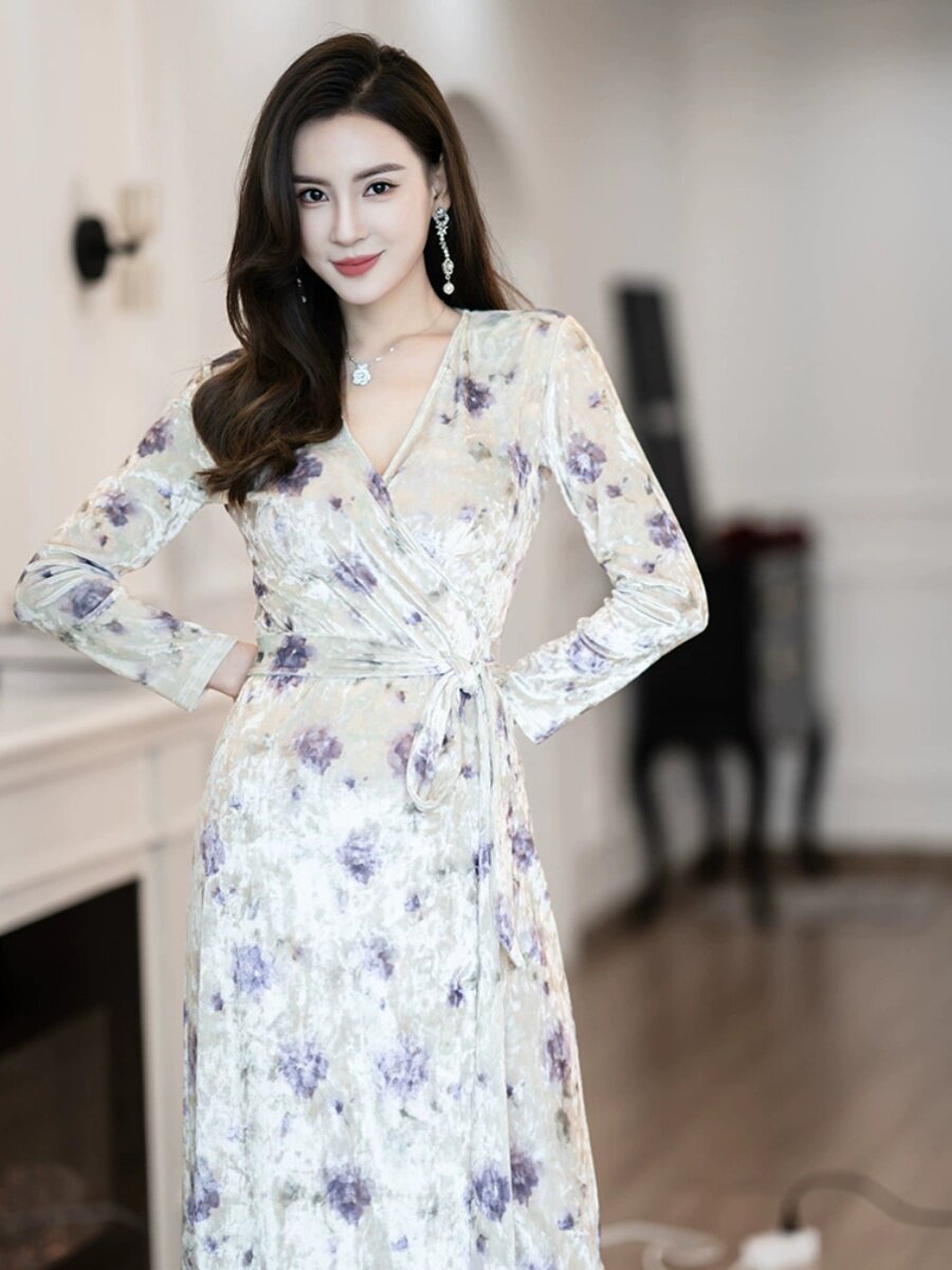 이론 앵거스 가을 겨울 프랑스 복고풍 스타 플라워 랩 스커트 슬리밍 배를 덮는 연회 벨벳 드레스