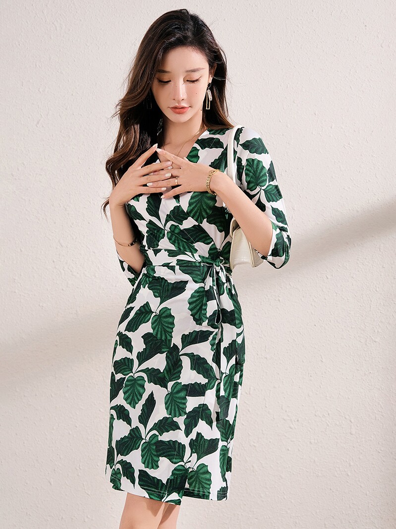 이론 앵거스 여름 신작 만능 그린 꽃무늬 스트레치 니트 기질 슬림 원피스 랩 스커트