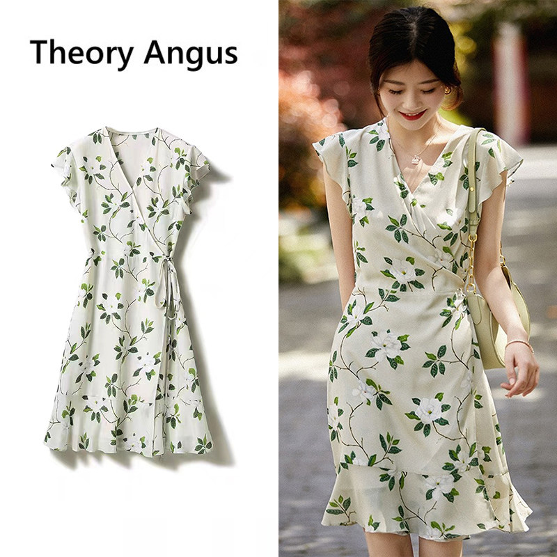 THEORY ANGUS 여름 2023 새로운 직업 통근 스타일 플라잉 슬리브 랩 뽕나무 실크 차 드레스