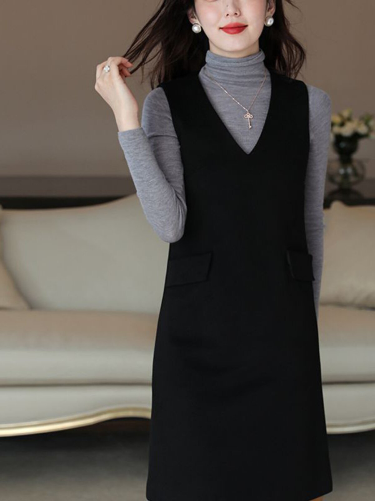 THEORY ANGUS 슬림 민소매 V 넥 드레스 여성 겨울을위한 슬림하고 다양한 캐주얼 모직 조끼 조끼 드레스