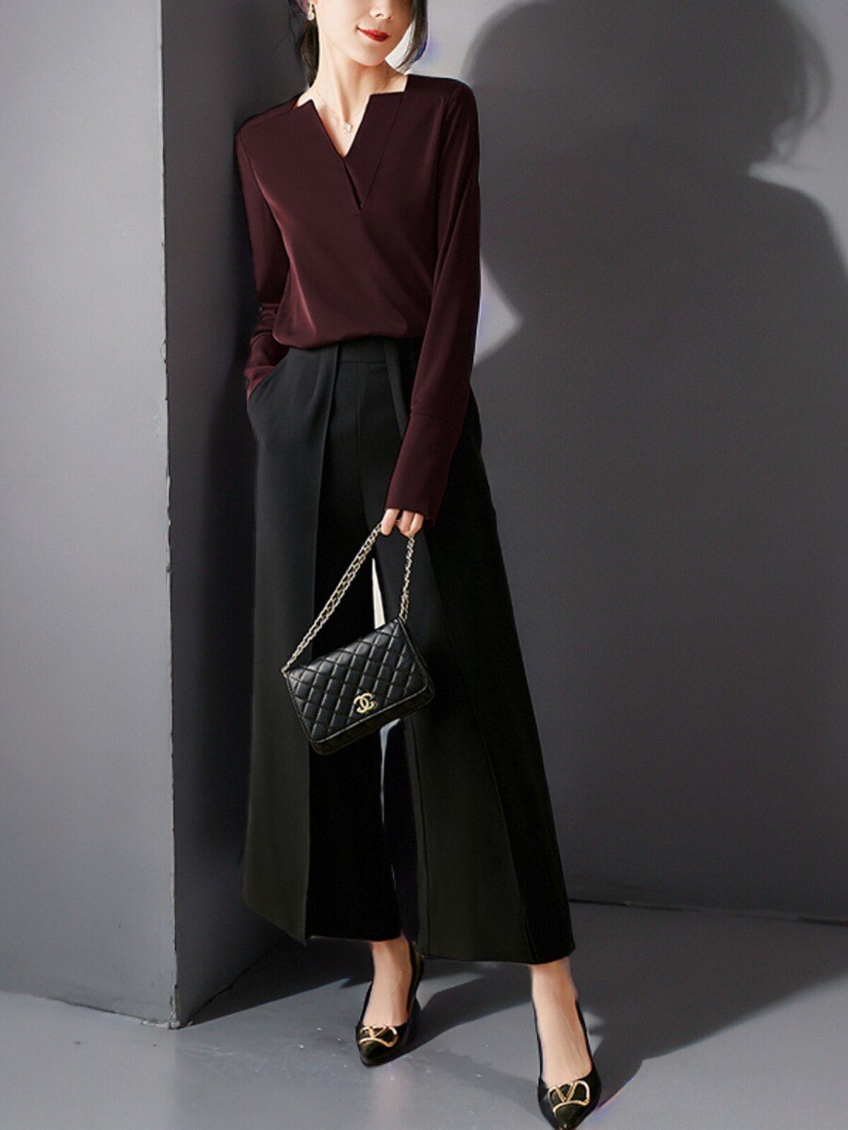 이론 앵거스 디자인 가벼운 럭셔리 틈새 기질 전문 통근 봄 여름 여성용 긴팔 브이넥 탑