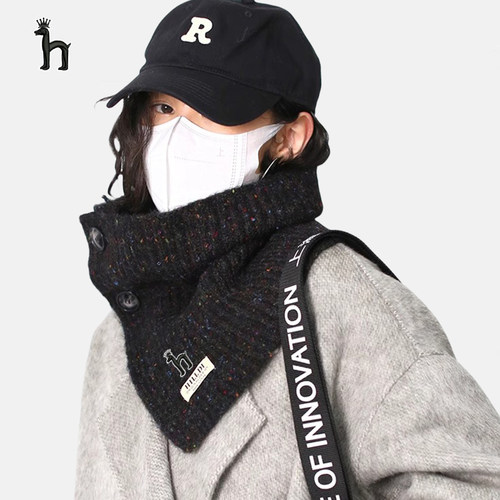 哈吉斯船长脖套系扣毛线针织套头高领百搭秋冬季保暖围巾护颈外搭