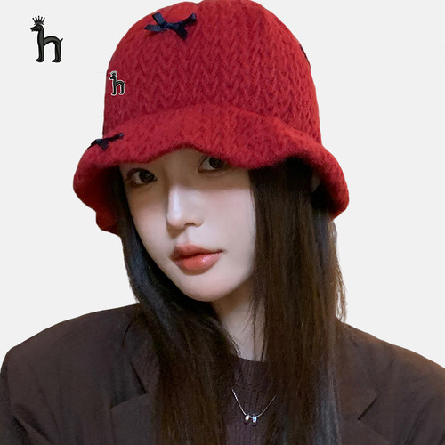 哈吉斯船长针织毛线帽女秋冬时尚甜美蝴蝶结水桶渔夫帽保暖盆帽