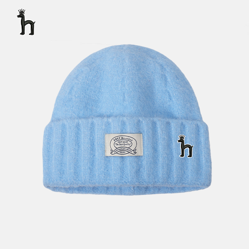 哈吉斯船长甜美日系纯色贴标毛线帽女秋冬加绒加厚舒适保暖包头帽