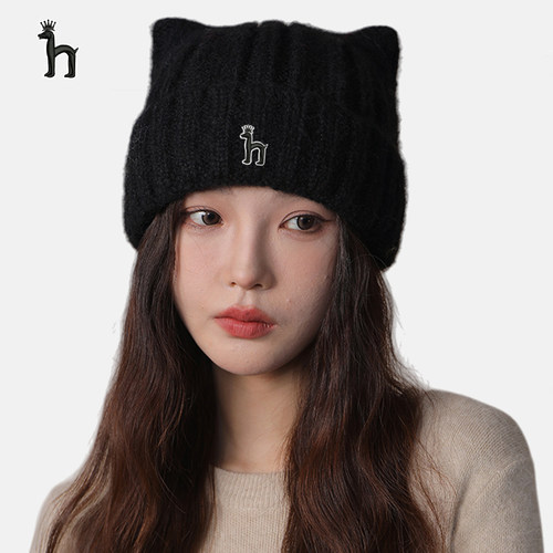 哈吉斯船长猫耳朵帽子女冬韩版保暖针织毛线女款秋冬显脸小猫耳帽