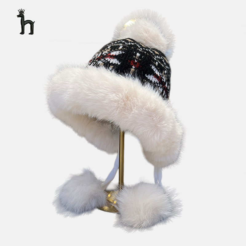 哈吉斯船长2025新款毛线帽女冬季加厚加绒护耳毛球绑带保暖防寒