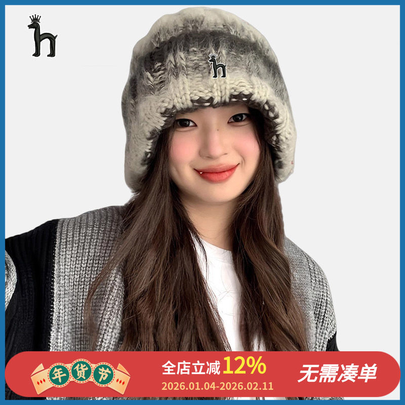 哈吉斯船长秋冬季新款大头围粗线护耳针织帽大圆脸男女加厚毛线帽