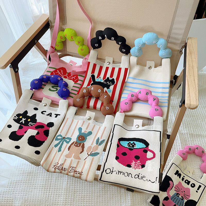 韩版糖果色手柄手机包可爱针织迷你百搭斜跨手提包袋子便携手拎包