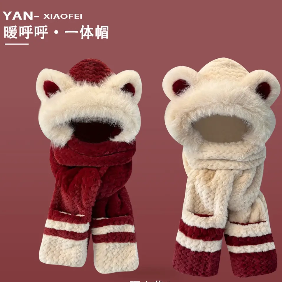 小熊耳围巾手套一体保暖帽女款