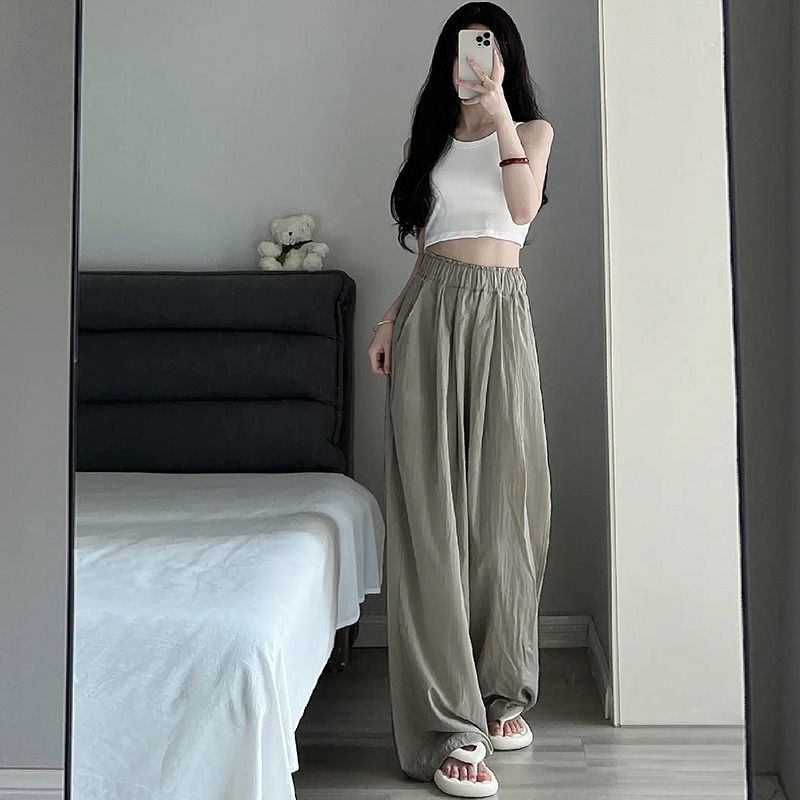 裤子女夏复古感褶皱阔腿裤薄款