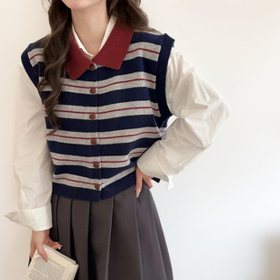 新款 POLO领条纹显瘦针织马甲女背心宽松秋季 韩系女士毛衣上衣