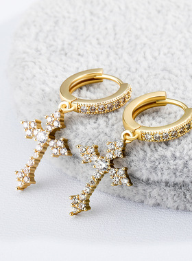 嘻哈锆石十字架铜镶嵌耳扣男女个性耳钉街头新潮earring嘻哈耳圈