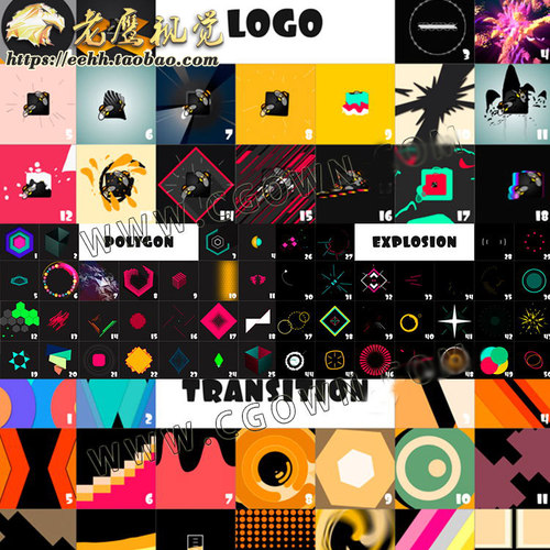 二维FX卡通火花爆炸多彩多边形转场背景LOGO特效片头MG动画AE模板