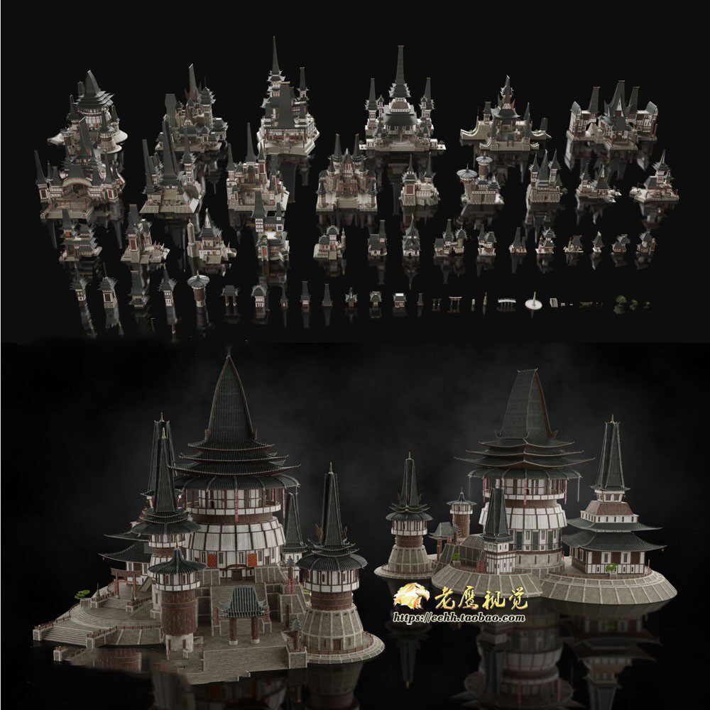 东方泰式村庄神庙建筑楼房3D模型 C4D/MAX/FBX/Maya/Blender等