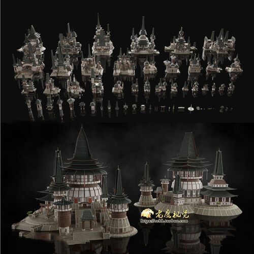 东方泰式村庄神庙建筑楼房3D模型 C4D/MAX/FBX/Maya/Blender等