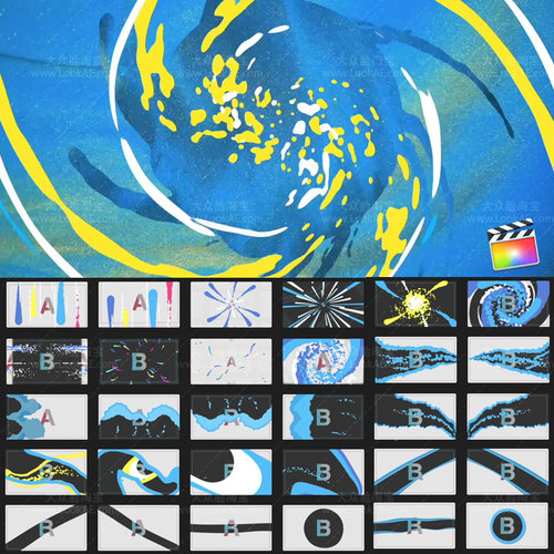 FCPX转场插件-42种卡通水流液体MG图形动画转场