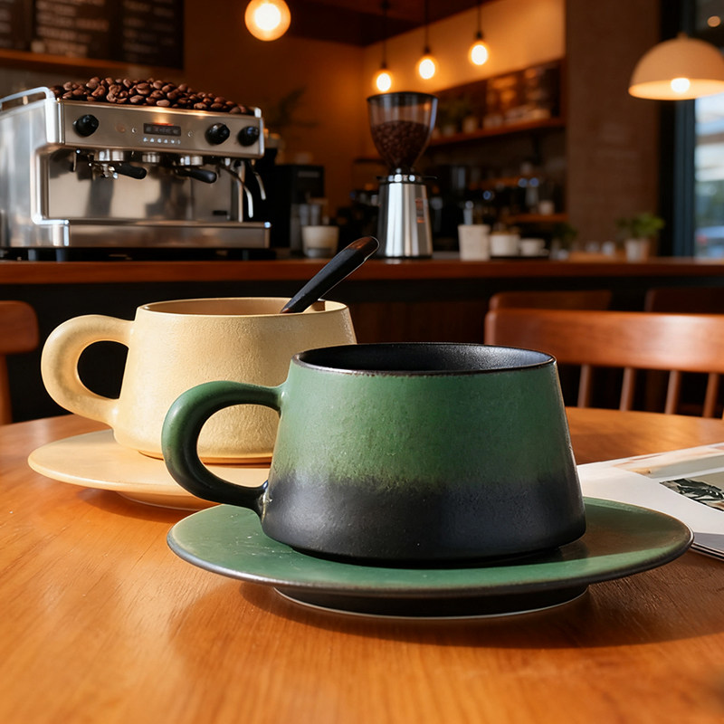 景德镇陶瓷带碟咖啡杯高档精致马克杯窑变杯子办公室喝水水杯茶杯