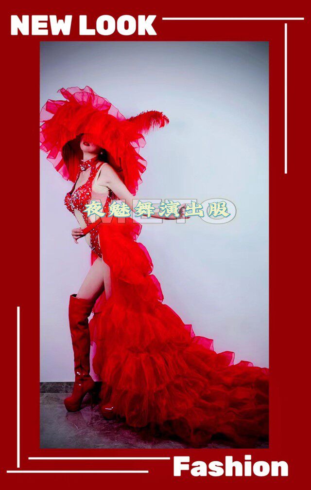 酒吧夜店情人节gogo红色国潮中国风ds作秀拖尾大帽子演出服