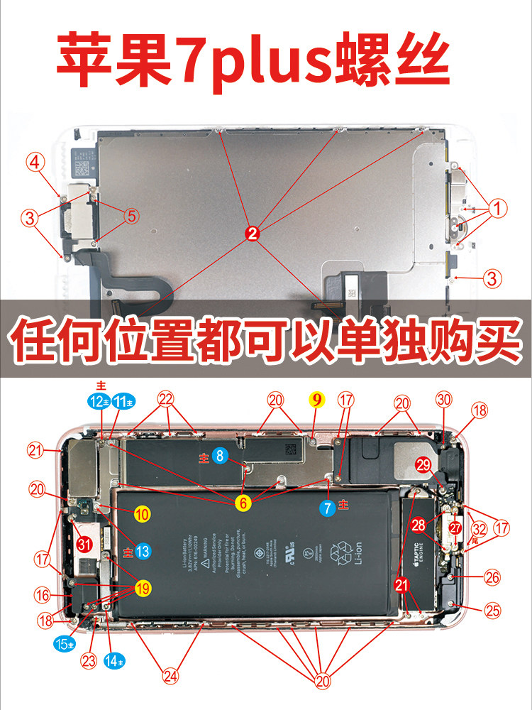 适用于苹果iphone7plus主板螺丝 7p屏幕压片摄像头听筒螺丝分类好