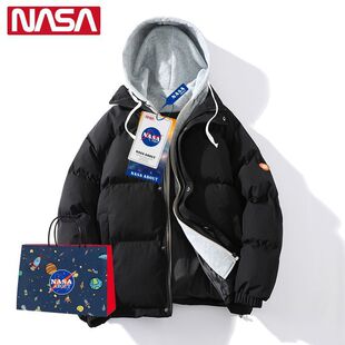 NASA联名连帽假两件纯色棉衣男冬季新款潮牌加厚情侣款棉衣外套