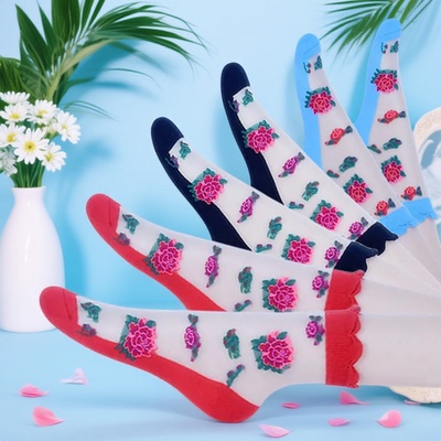 春夏季玻璃丝5双袜子女袜本命年春夏水晶丝花卉袜中筒袜防滑不勒