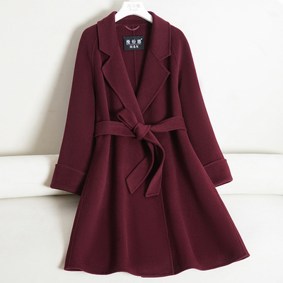 紫红色双面羊绒大衣中长款暗扣款