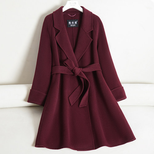 紫红色双面羊绒大衣中长款暗扣款