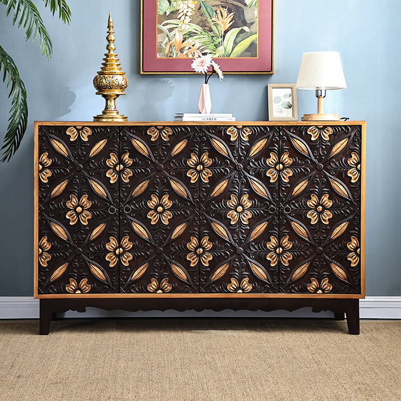 泰吉利泰国中式榆木玄关柜储泰式隔断鞋柜东南亚风格实木雕花柜子