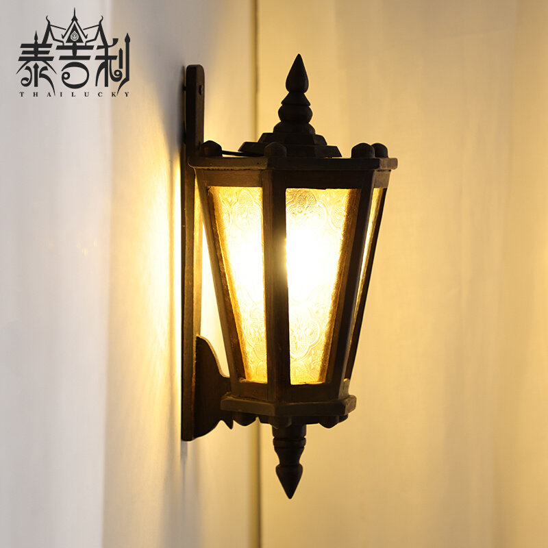 创意木质玻璃庭院灯实木过道楼梯走廊灯别墅阳台装饰创意复古壁灯