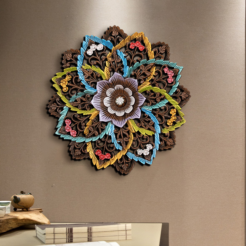 圆形木雕挂件客厅玄关木雕壁饰壁挂客厅背景墙装饰泰国柚木雕花板