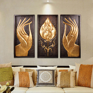 泰吉利 东南亚木雕墙面挂件实木雕花板 浮雕装饰画描金佛手莲花