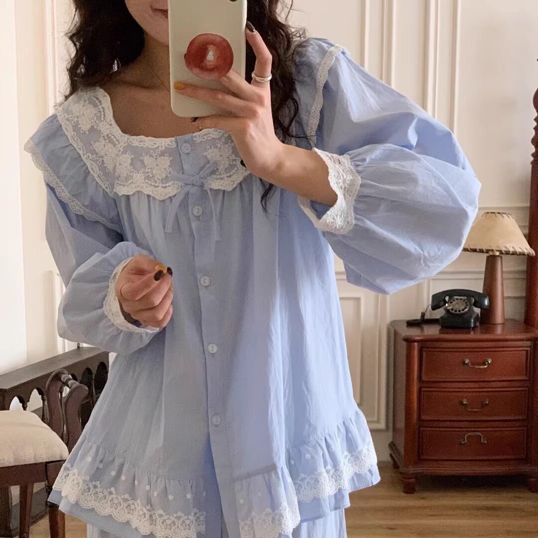 法式方领甜美公主风花边纯棉睡衣女秋冬季可爱少女开衫家居服