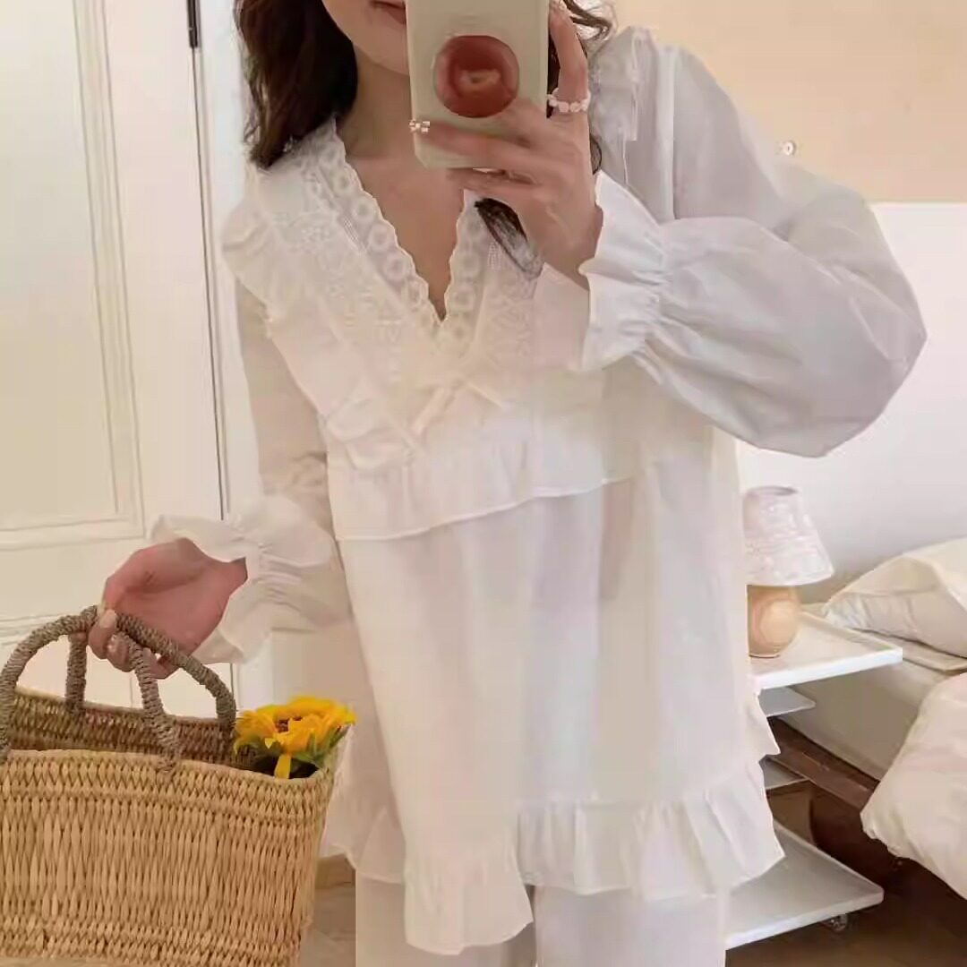 韩国女神范V领纯棉材质两件套芭蕾风格女款睡衣长袖家居服