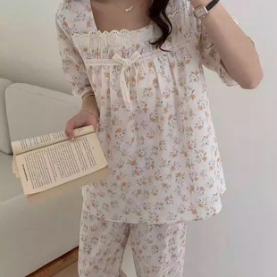 家居服 方领碎花田园睡衣女纯棉花边夏季 泡沫花市 韩系甜美法式