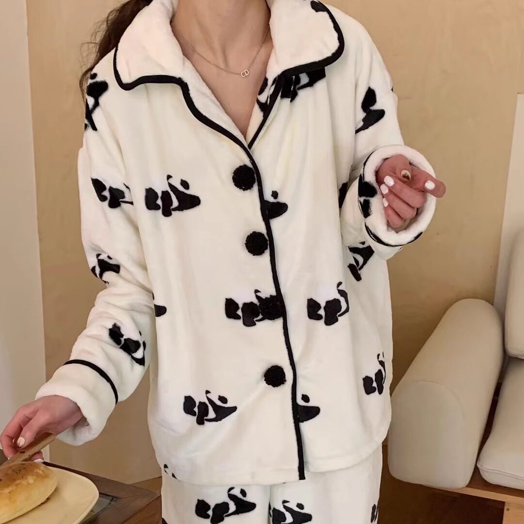 亲肤家居秋冬睡衣外穿可爱熊猫印花休闲情侣法兰绒睡衣长袖长裤
