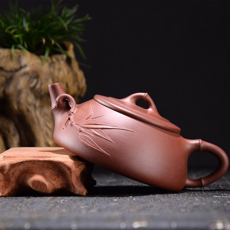 精品宜兴原矿紫泥紫砂壶纯全手工功夫泡茶壶茶具底槽清竹趣石瓢壶
