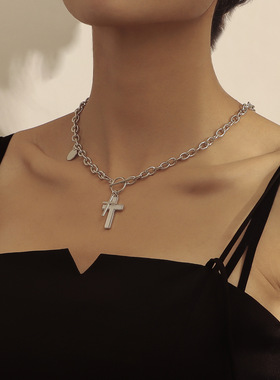 朋克双十字架白贝母吊坠项链 辣妹锁骨链感轻奢