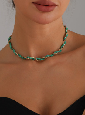 玻璃水晶金蛇链缠绕项链女性感辣妹ins拼接风锁骨链双蛇缠绕