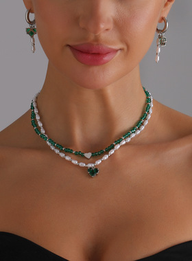 轻奢感异型珍珠水晶爱心项链设计感百搭项饰套装耳饰