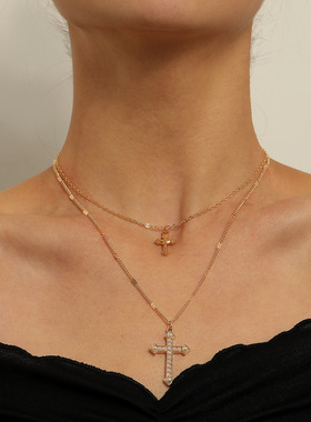 大小双层珍珠十字架吊坠项链女士简约气质潮流项饰双十字清冷