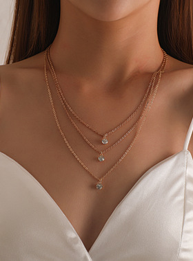 欧美时尚手工多层水钻吊坠项链女新款流行简约链条项饰佐文