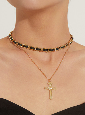 复古十字架个性女项链时尚潮流黑色皮带