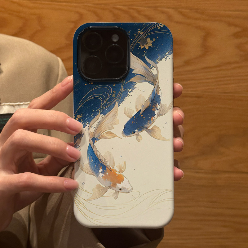 新年款油画拼色锦鲤适用苹果iPhone16Promax手机壳15磨砂14二合一13全包12防摔17Pro新款Xsmax情侣保护套男女