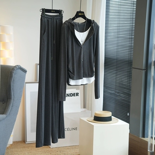 套装 高腰阔腿裤 女秋冬939E 洋气显瘦休闲假两件连帽卫衣 虫小小