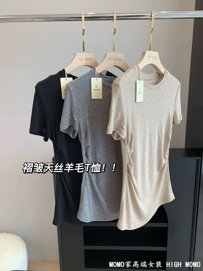 显瘦天丝羊毛不规则上衣莱赛尔褶皱收腰修身正肩面膜短袖T恤女夏