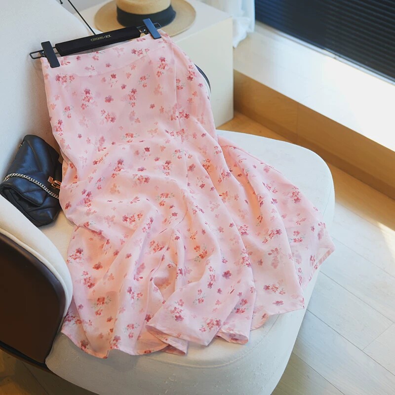高腰碎花中长半身裙女A字半裙夏