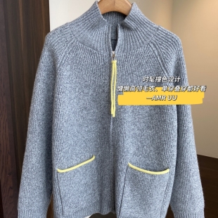 时髦撞色慵懒宽松大毛衣显瘦针织衫 设计感小众 女秋冬新 AMR