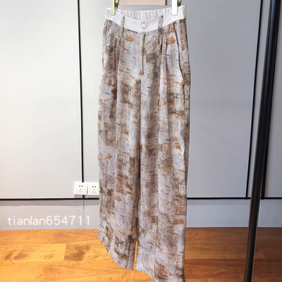 苎麻高腰休闲裤水墨印花直筒裤