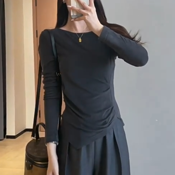 褶皱收腰显瘦船领长袖T恤女秋冬