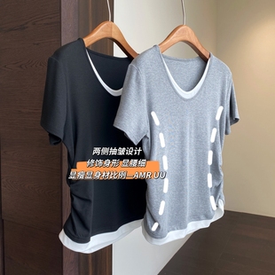 女2025夏新 AMR 设计感小众 时髦假两件显瘦灰色正肩T恤短袖
